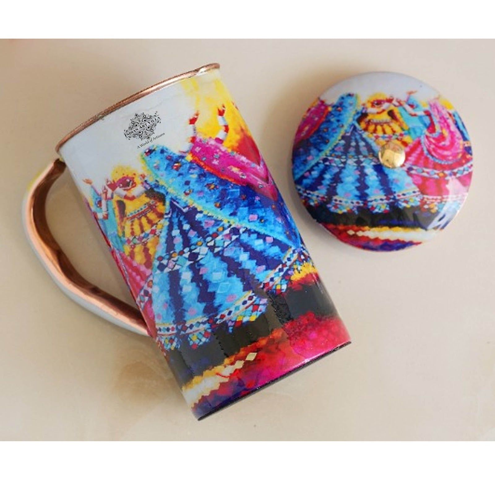 Pure copper printed jug padharo mhare desh design dancingwomen, 2000 ML